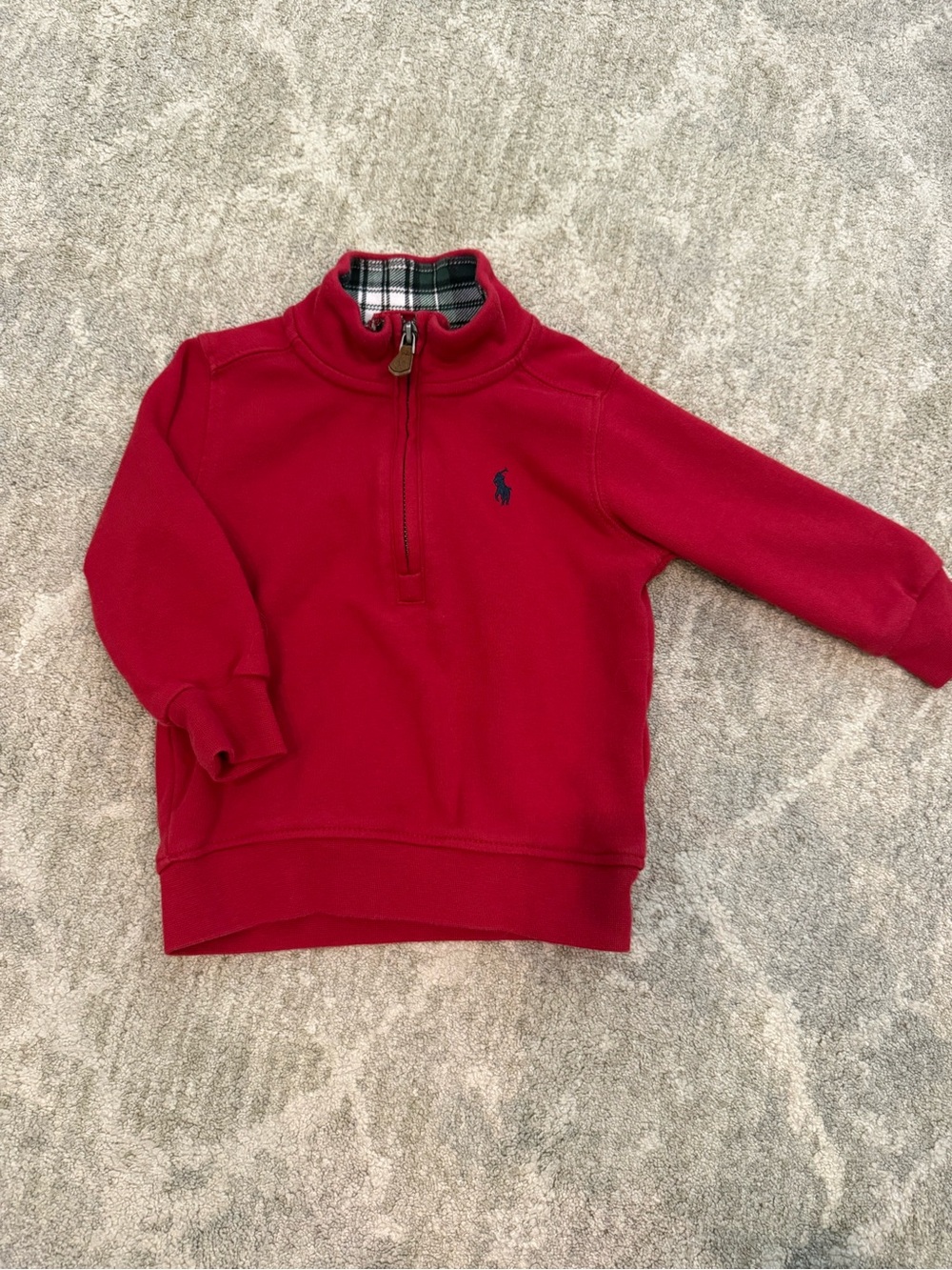 Ralph Lauren Kids Red Half-Zip Sweatshirt with Plaid Collar